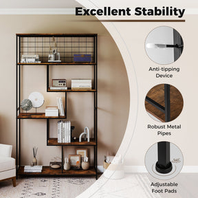 6-tier Tall Bookshelf, Industrial Freestanding Plant Stand with Metal Net