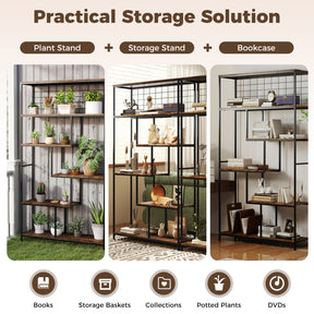 6-tier Tall Bookshelf, Industrial Freestanding Plant Stand with Metal Net