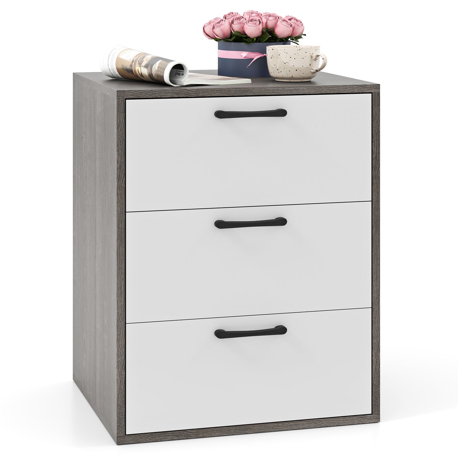 Giantex Modern End Table Wooden File Cabinet with 3 Pull-Out Drawers Gray & White