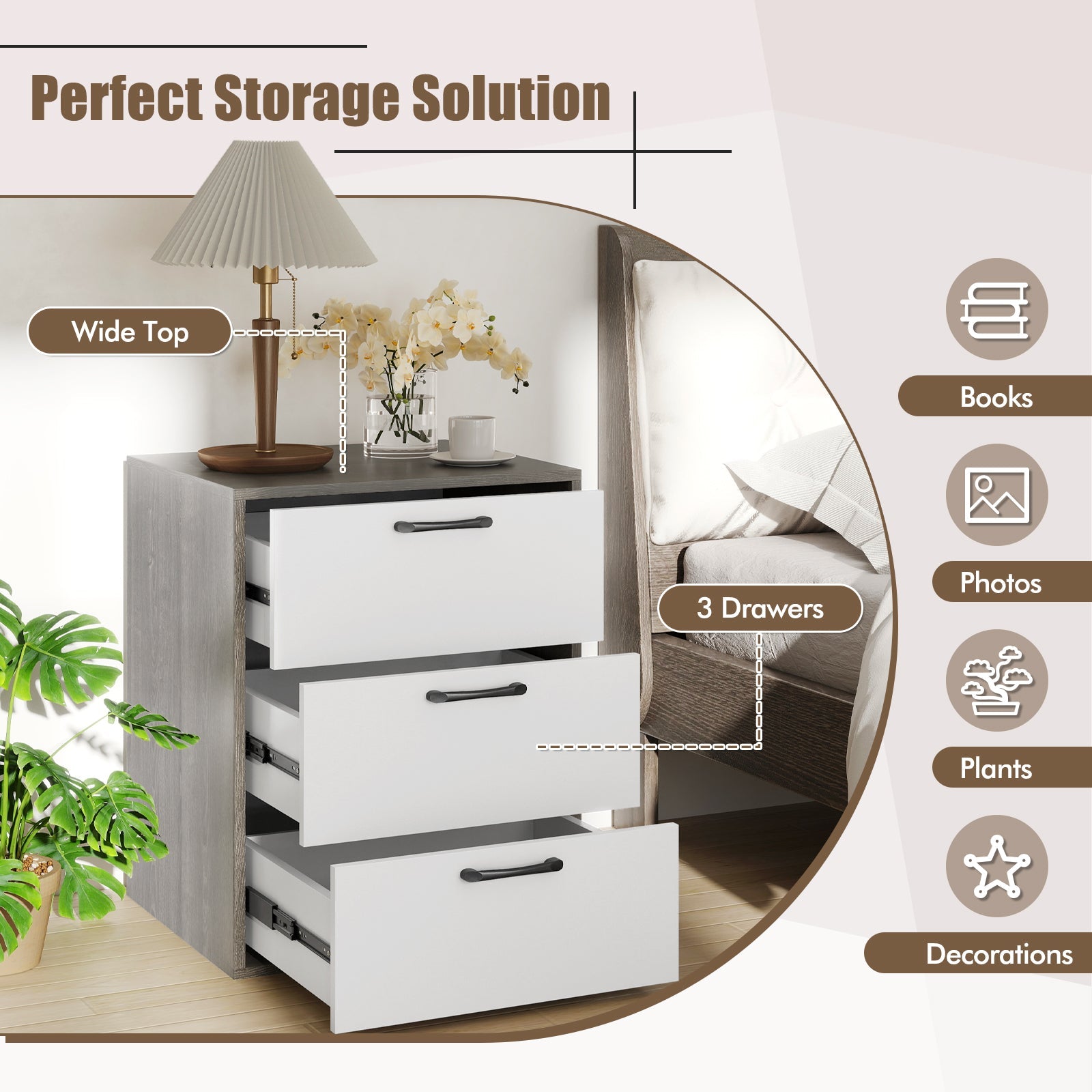 Giantex Modern End Table Wooden File Cabinet with 3 Pull-Out Drawers Gray & White