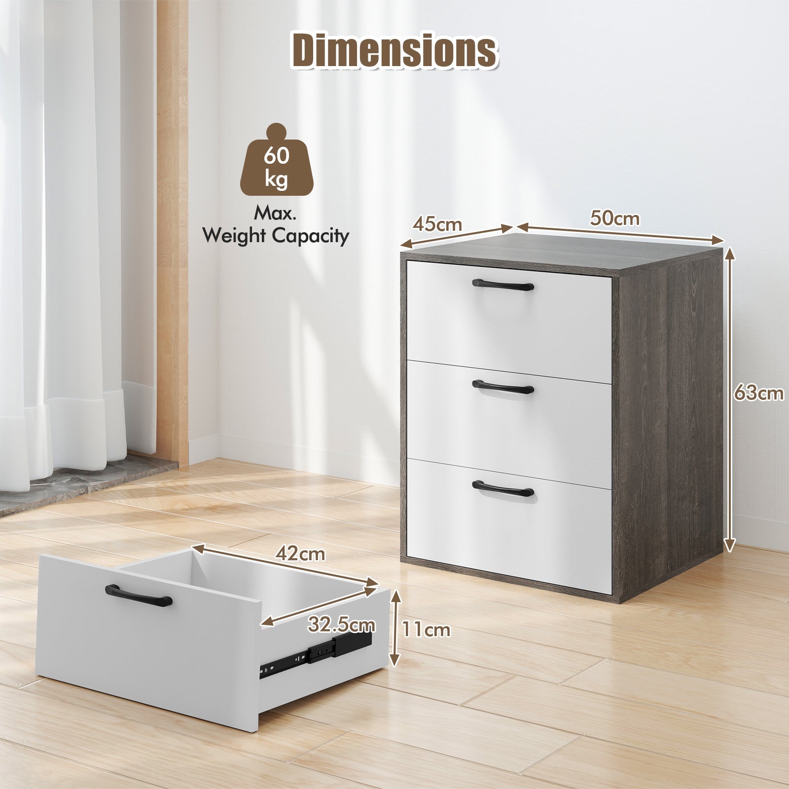 Giantex Modern End Table Wooden File Cabinet with 3 Pull-Out Drawers Gray & White
