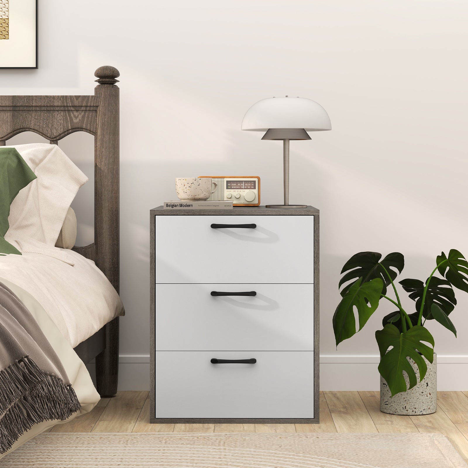 Giantex Modern End Table Wooden File Cabinet with 3 Pull-Out Drawers Gray & White
