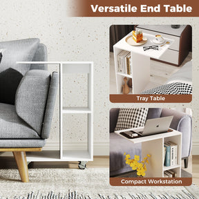 C-Shaped End Table with Storage Shelves and Lockable Universal Casters