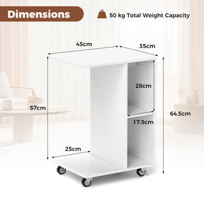 C-Shaped End Table with Storage Shelves and Lockable Universal Casters