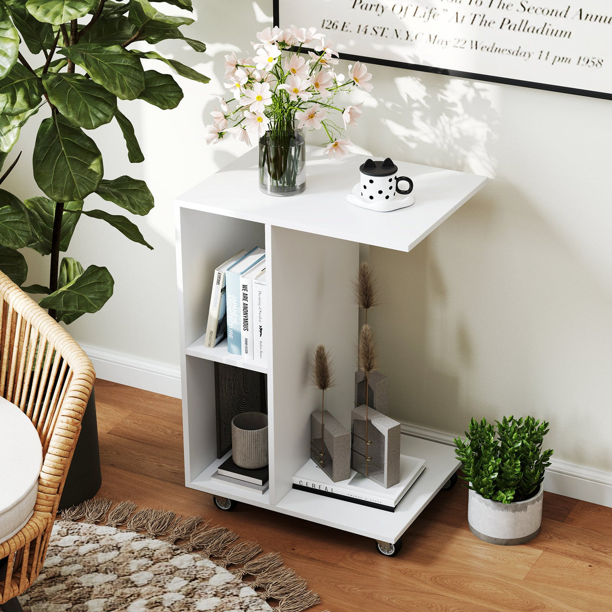 C-Shaped End Table with Storage Shelves and Lockable Universal Casters