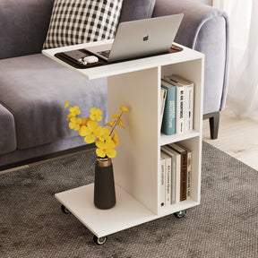 C-Shaped End Table with Storage Shelves and Lockable Universal Casters