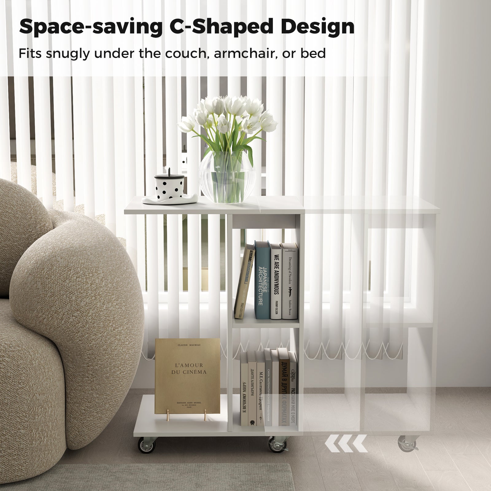 C-Shaped End Table with Storage Shelves and Lockable Universal Casters