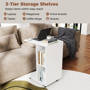 C-Shaped End Table with Storage Shelves and Lockable Universal Casters