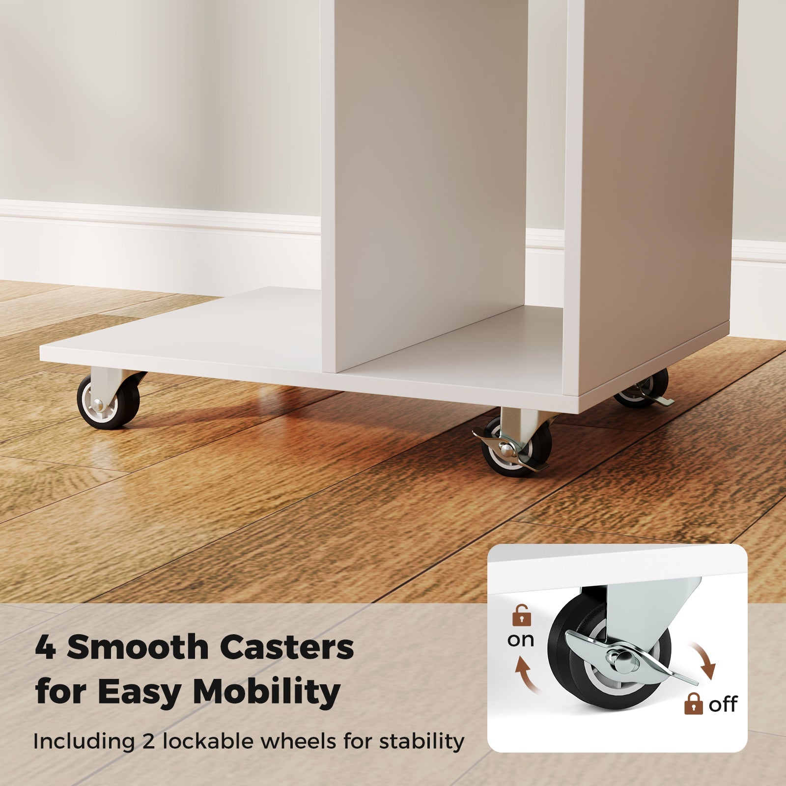 C-Shaped End Table with Storage Shelves and Lockable Universal Casters