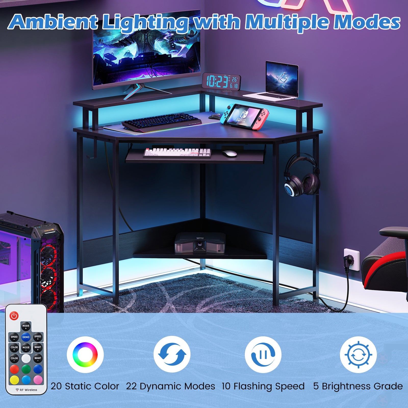Corner Desk w/ Charging Station, Home Triangle Gaming Desk w/ LED