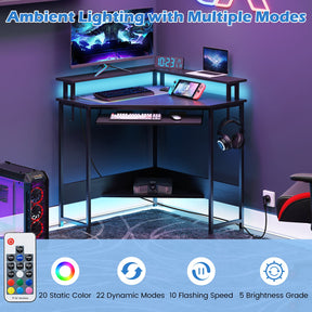 Corner Desk w/ Charging Station, Home Triangle Gaming Desk w/ LED