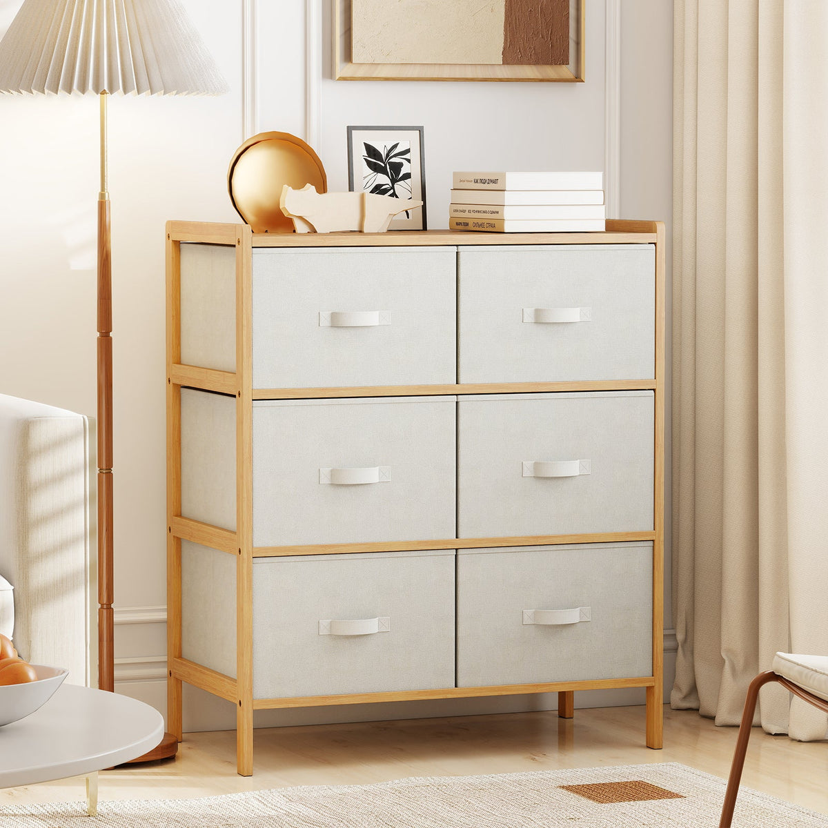 6-Drawer Dresser for Bedroom, Bamboo Storage Tower with 6 Foldable Fabric Drawers