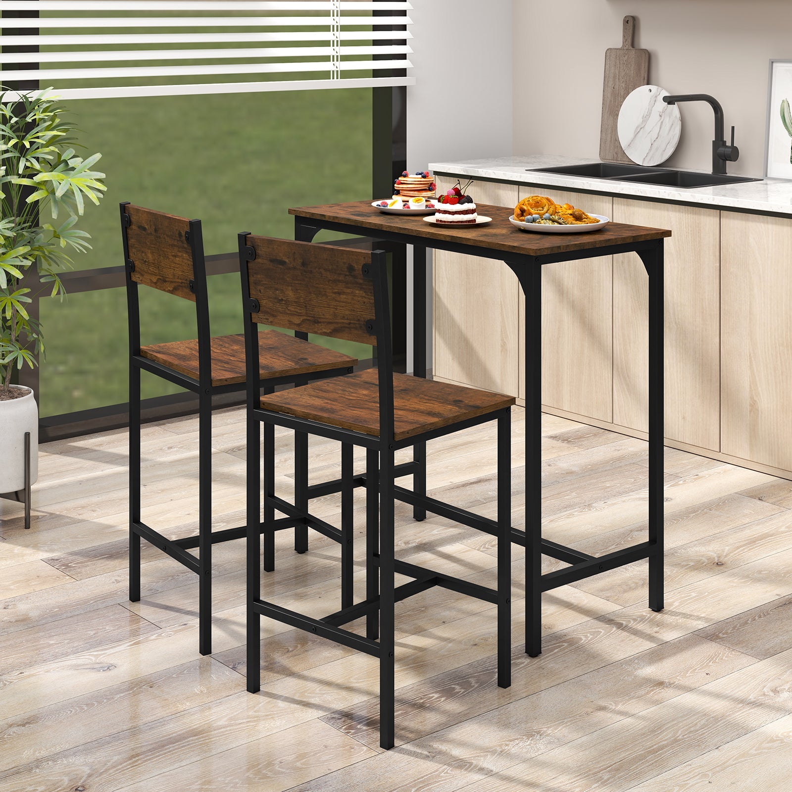 3 Piece Bar Table & Chair Set, Kitchen Table w/ 2 Bar Stools