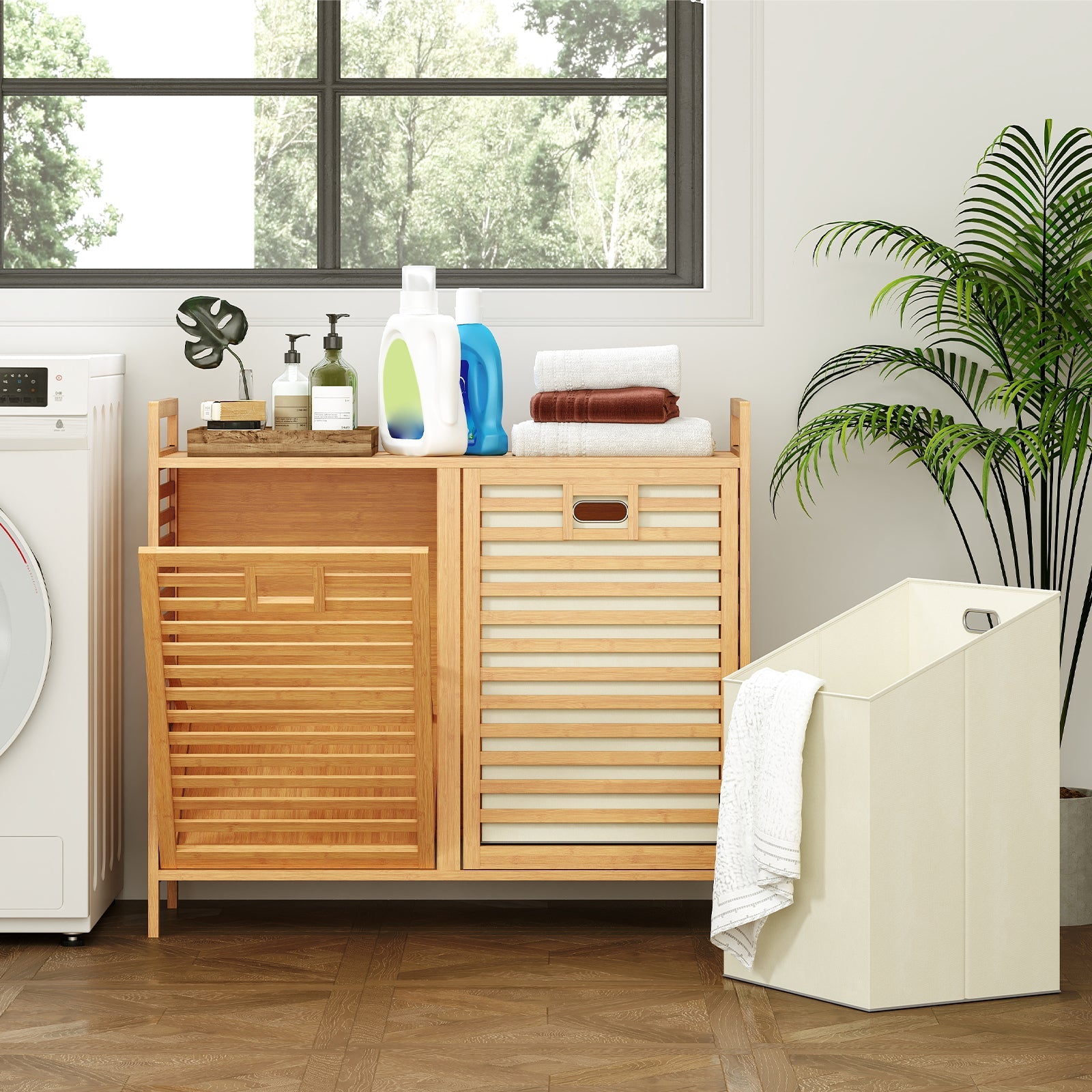 Double Tilt-out Laundry Hamper, Dual Laundry Basket Organizer with Top Shelf