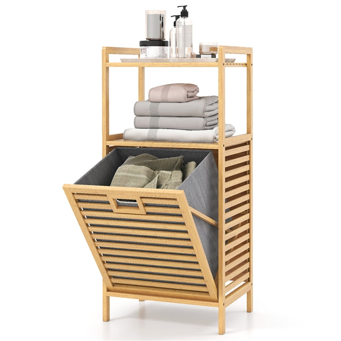 Bathroom Shelf w/Laundry Basket, Bathroom Shelf Made of Bamboo, Bathroom Cabinet w/ 2 Shelves for Bathroom Accessories