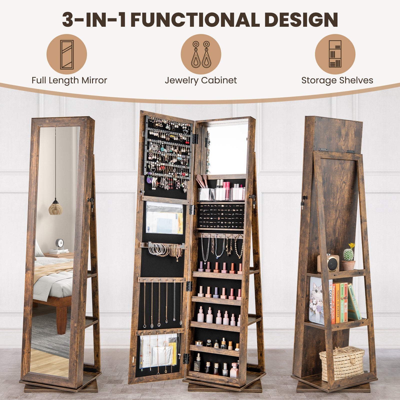 360° Swivel Jewelry Armoire, Standing Jewelry Organizer with Full Length Mirror