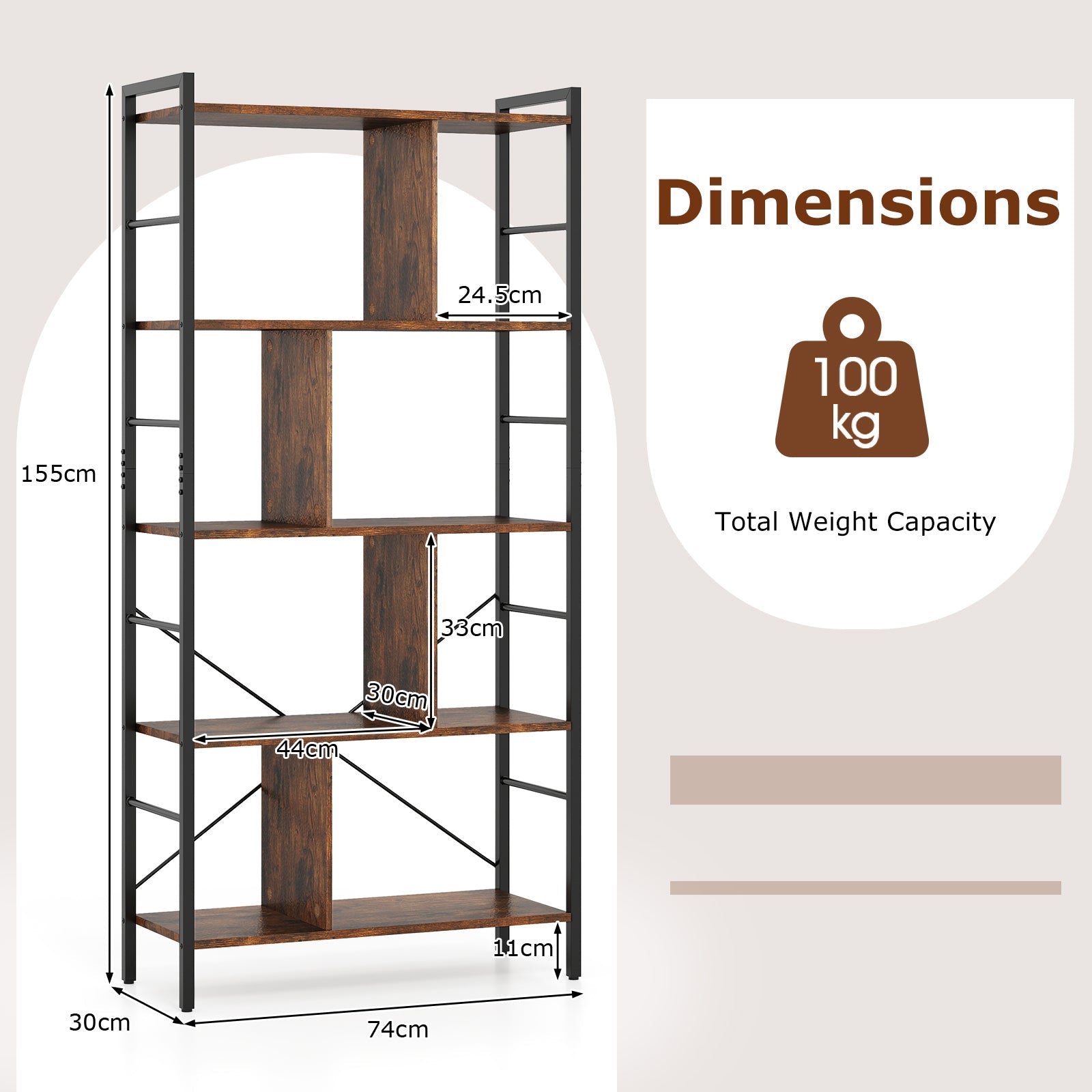 Giantex 5-Tier Bookshelf, Industrial Style Bookcase with Metal Frame, Free Standing Storage Display Shelves