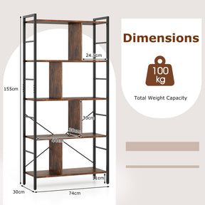 Giantex 5-Tier Bookshelf, Industrial Style Bookcase with Metal Frame, Free Standing Storage Display Shelves