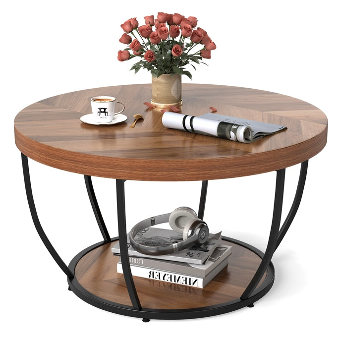 2-Tier Round Coffee Table with Storage and Faux Wooden Top