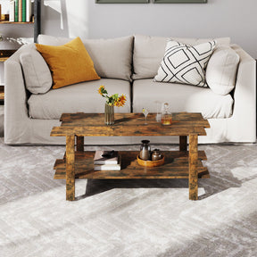 2-Tier Coffee Table, Slatted Wood Center Table with Storage Shelf