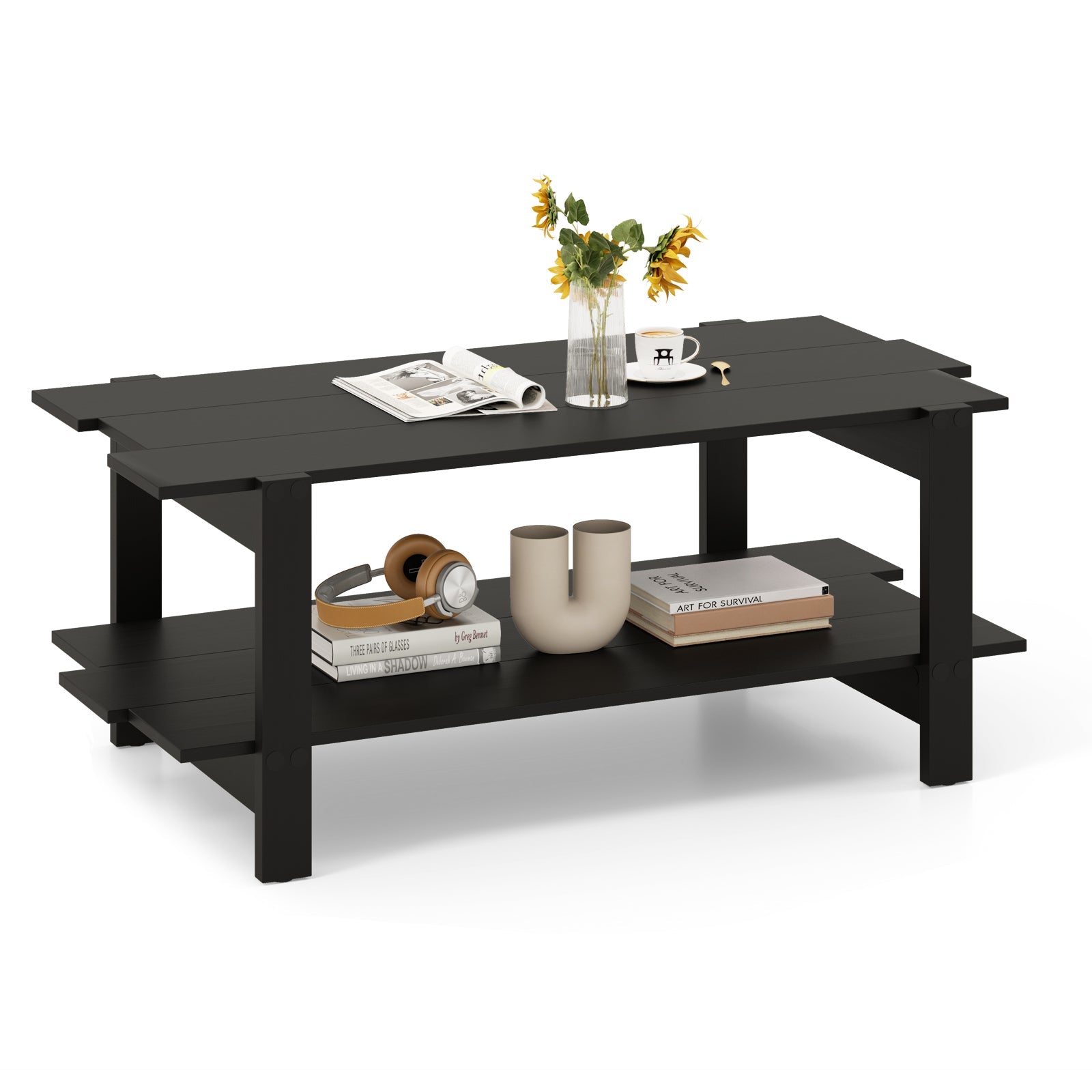 2-Tier Coffee Table, Slatted Wood Center Table with Storage Shelf