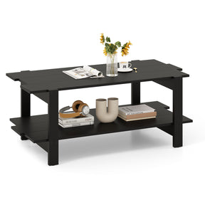2-Tier Coffee Table, Slatted Wood Center Table with Storage Shelf