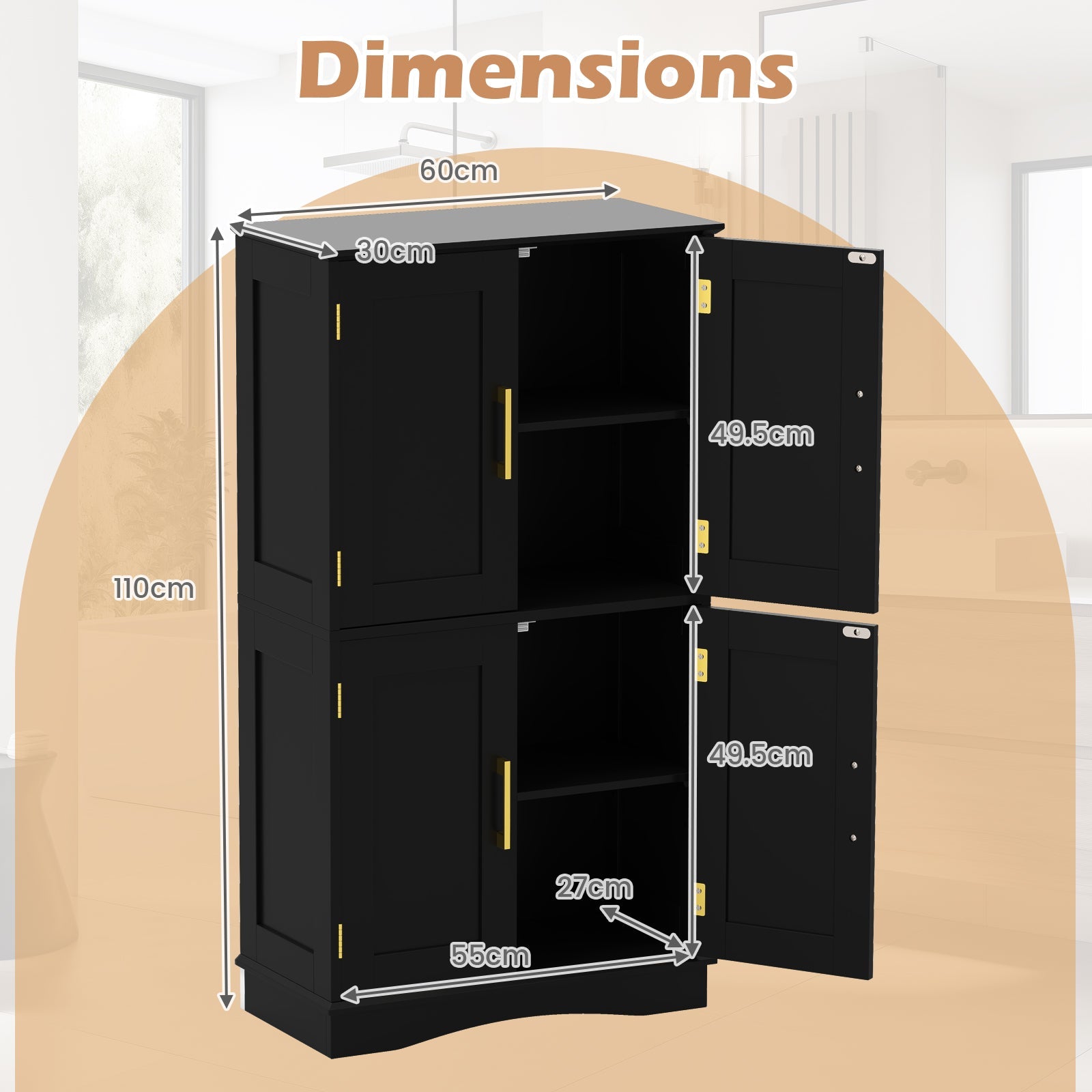 110 cm Freestanding Pantry Cabinet with 4 Doors and 2 Adjustable Shelves