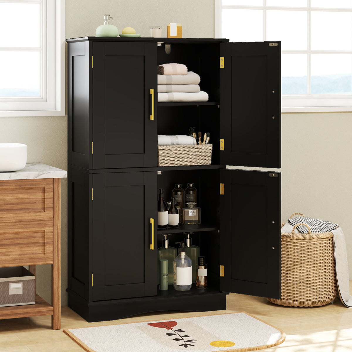 110 cm Freestanding Pantry Cabinet with 4 Doors and 2 Adjustable Shelves