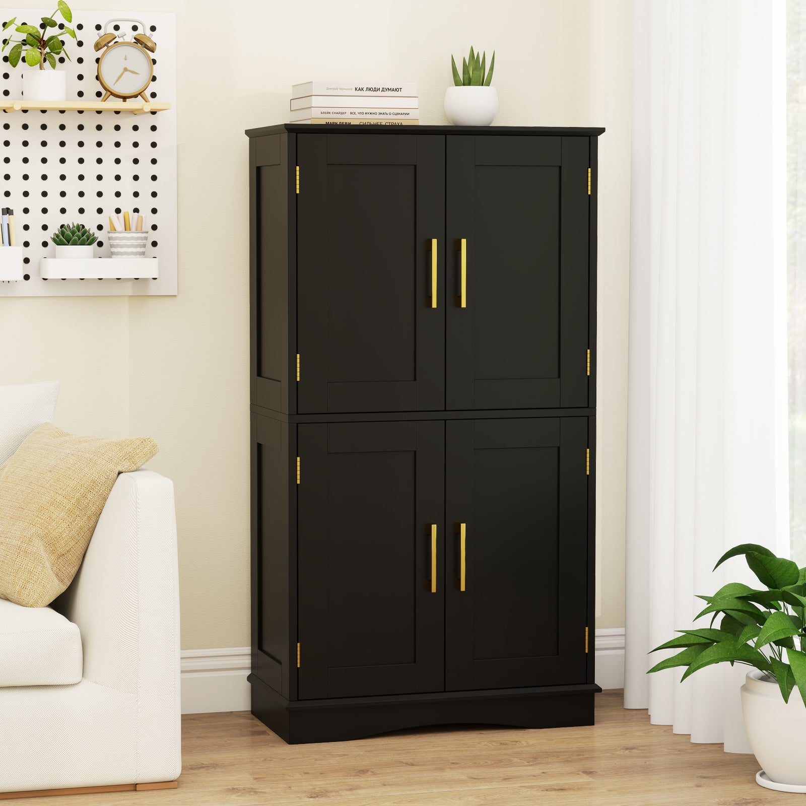 110 cm Freestanding Pantry Cabinet with 4 Doors and 2 Adjustable Shelves