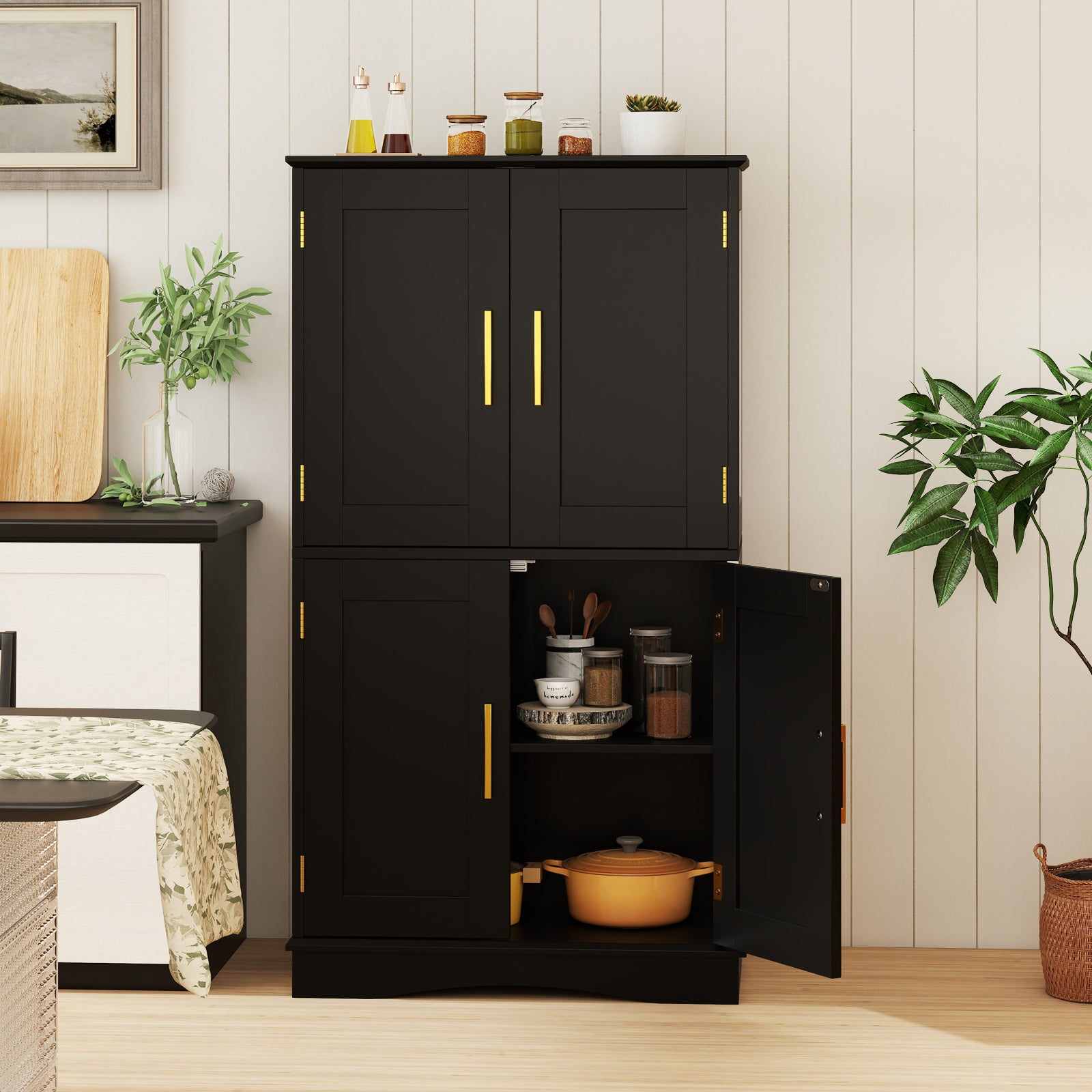 110 cm Freestanding Pantry Cabinet with 4 Doors and 2 Adjustable Shelves