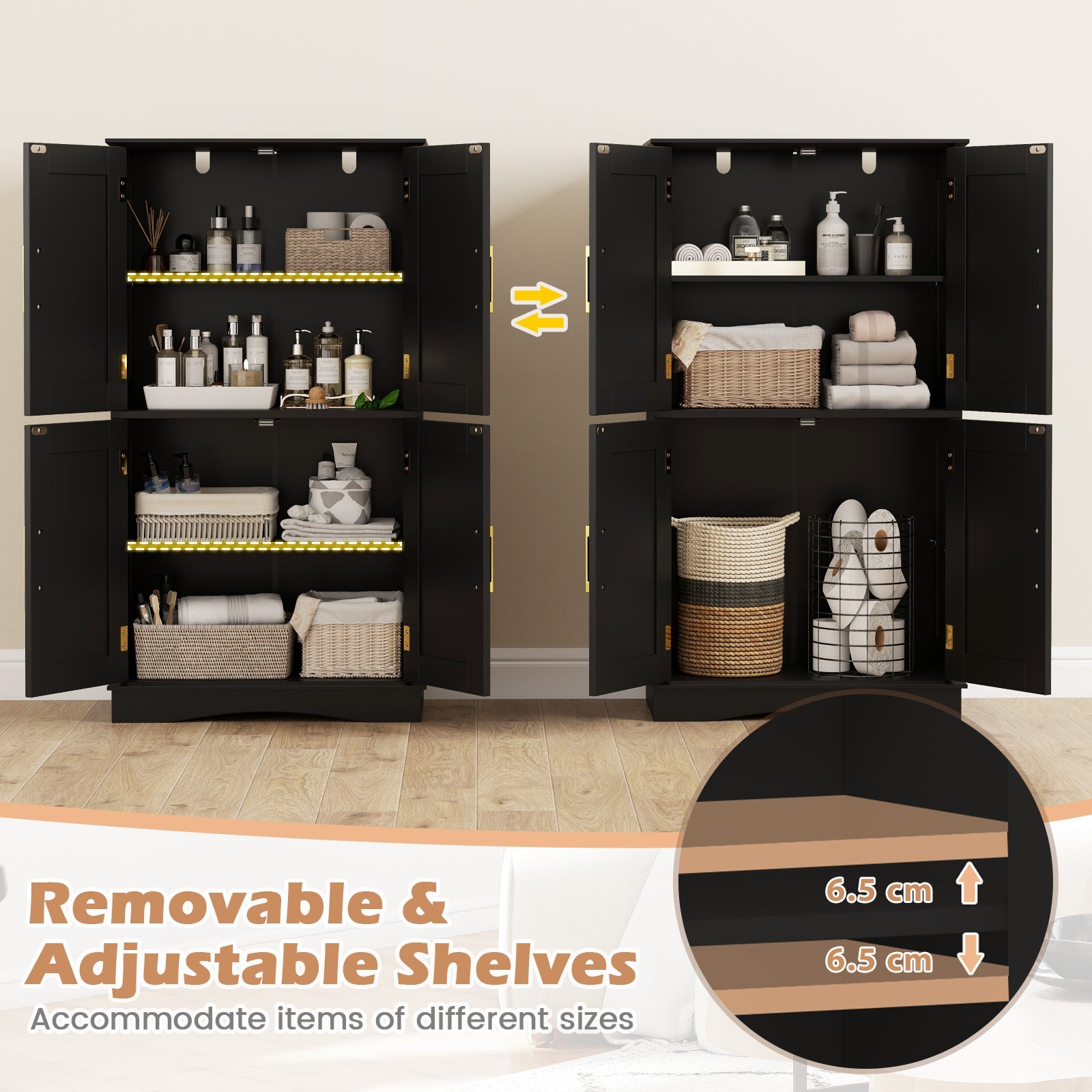 110 cm Freestanding Pantry Cabinet with 4 Doors and 2 Adjustable Shelves