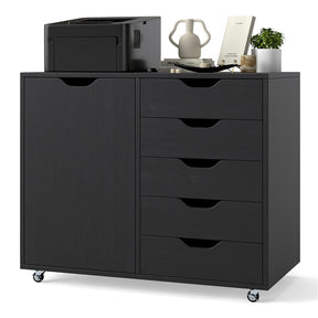 5-Drawer Chest with Door, Mobile File Cabinet with 5 Casters & Adjustable Shelf, Rolling Chest of Drawers Printer Stand