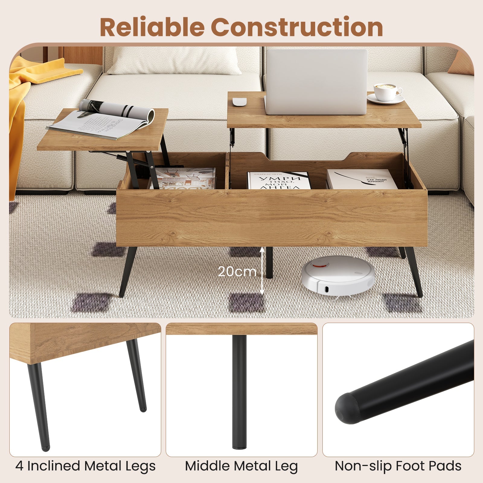 Heavy-Duty Metal Frame Tea Table Center Table w/Hidden Compartments