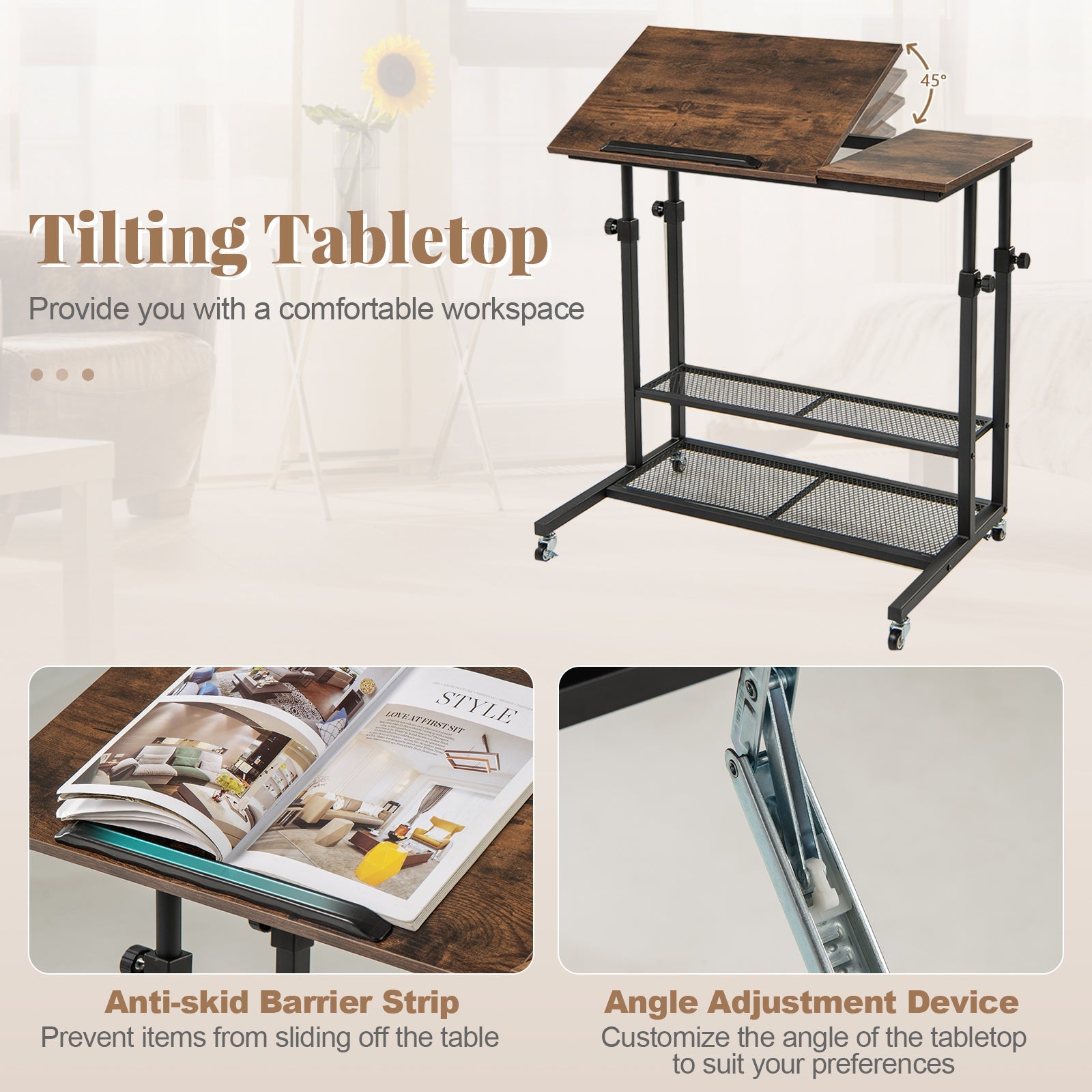 Mobile Stand up Desk, Height Adjustable Sit Stand Desk w/ Tilting Tabletop