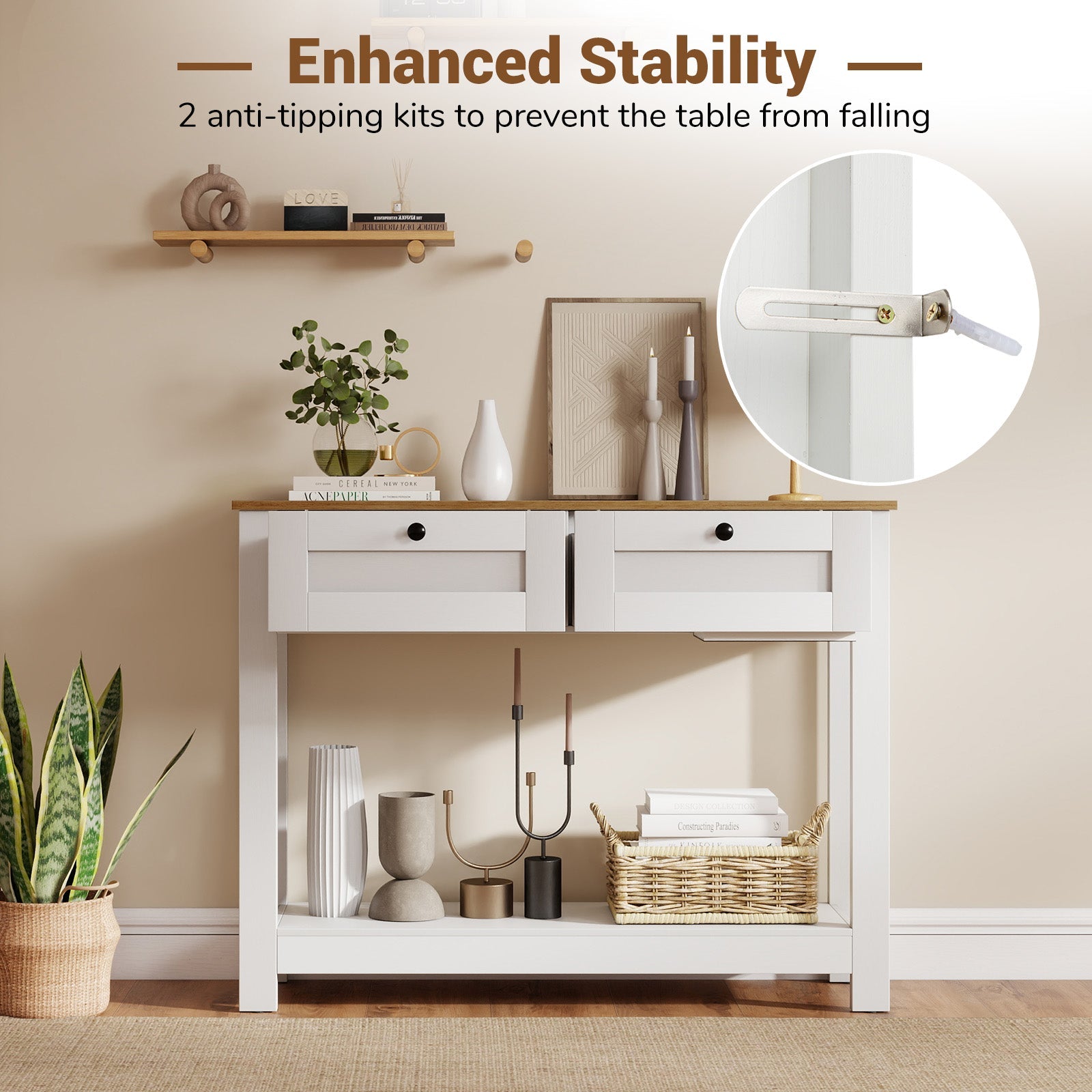 Farmhouse Console Table with 2 Drawers, Long Narrow Entryway Table