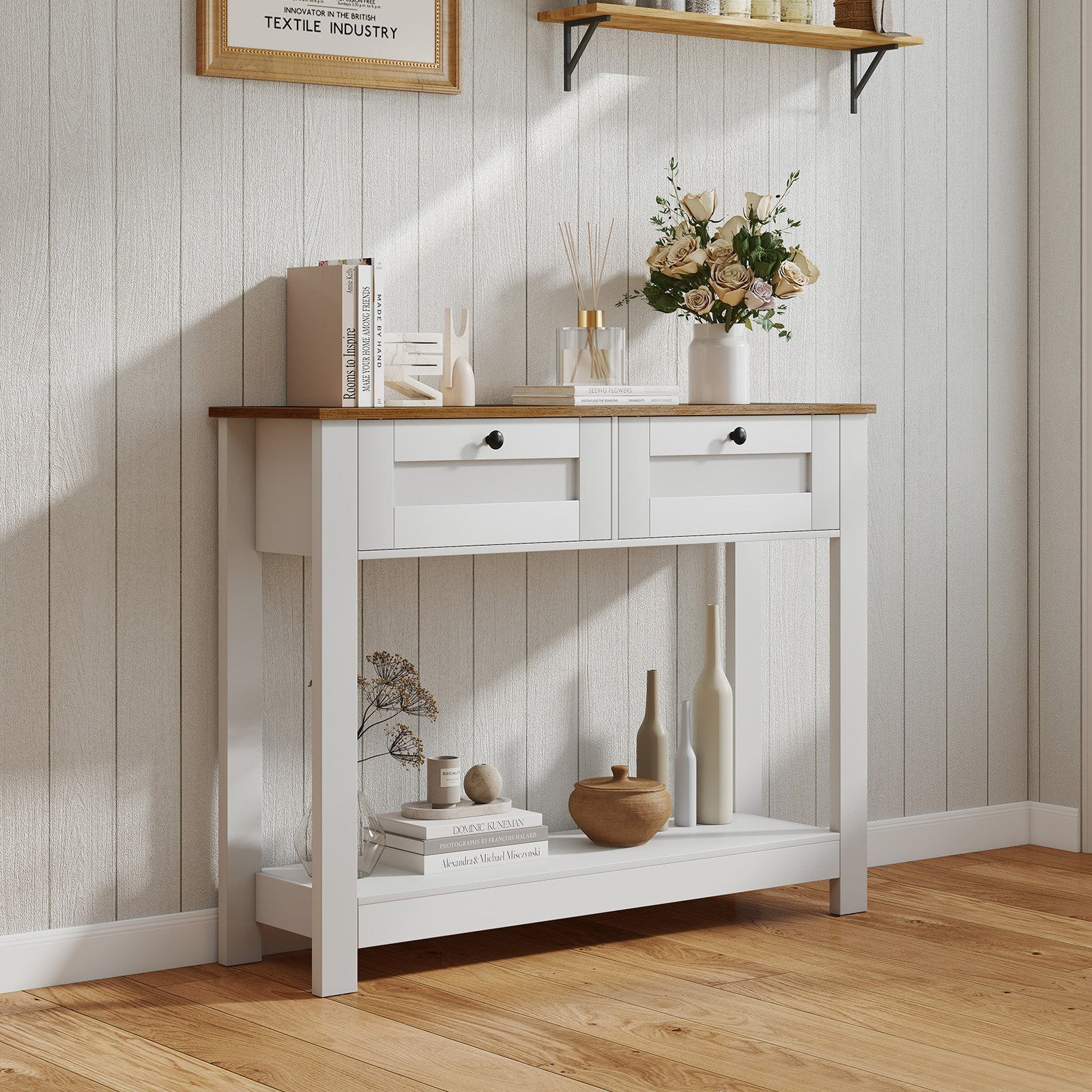 Farmhouse Console Table with 2 Drawers, Long Narrow Entryway Table