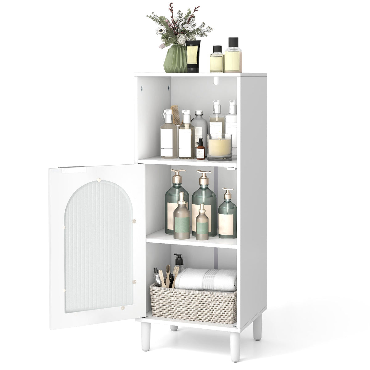 Wood Side Storage Organizer with Adjustable Shelf, Single Tempered Glass Door