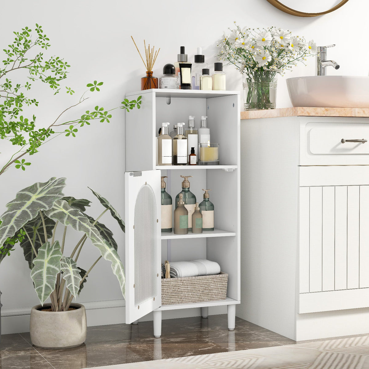 Wood Side Storage Organizer with Adjustable Shelf, Single Tempered Glass Door