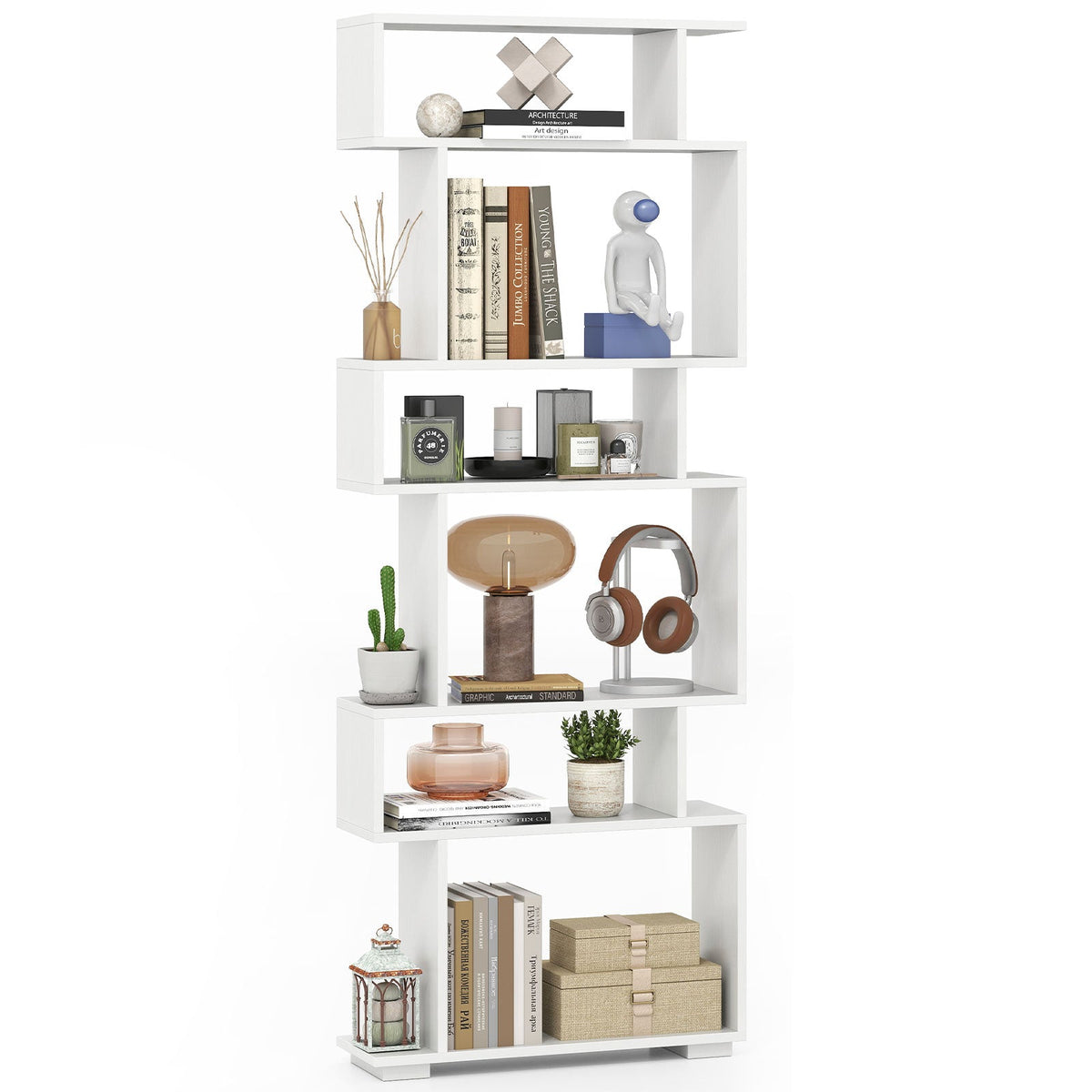 6-Tier Bookshelf, Geometric Bookcase with 2 Anti-Tipping Kits