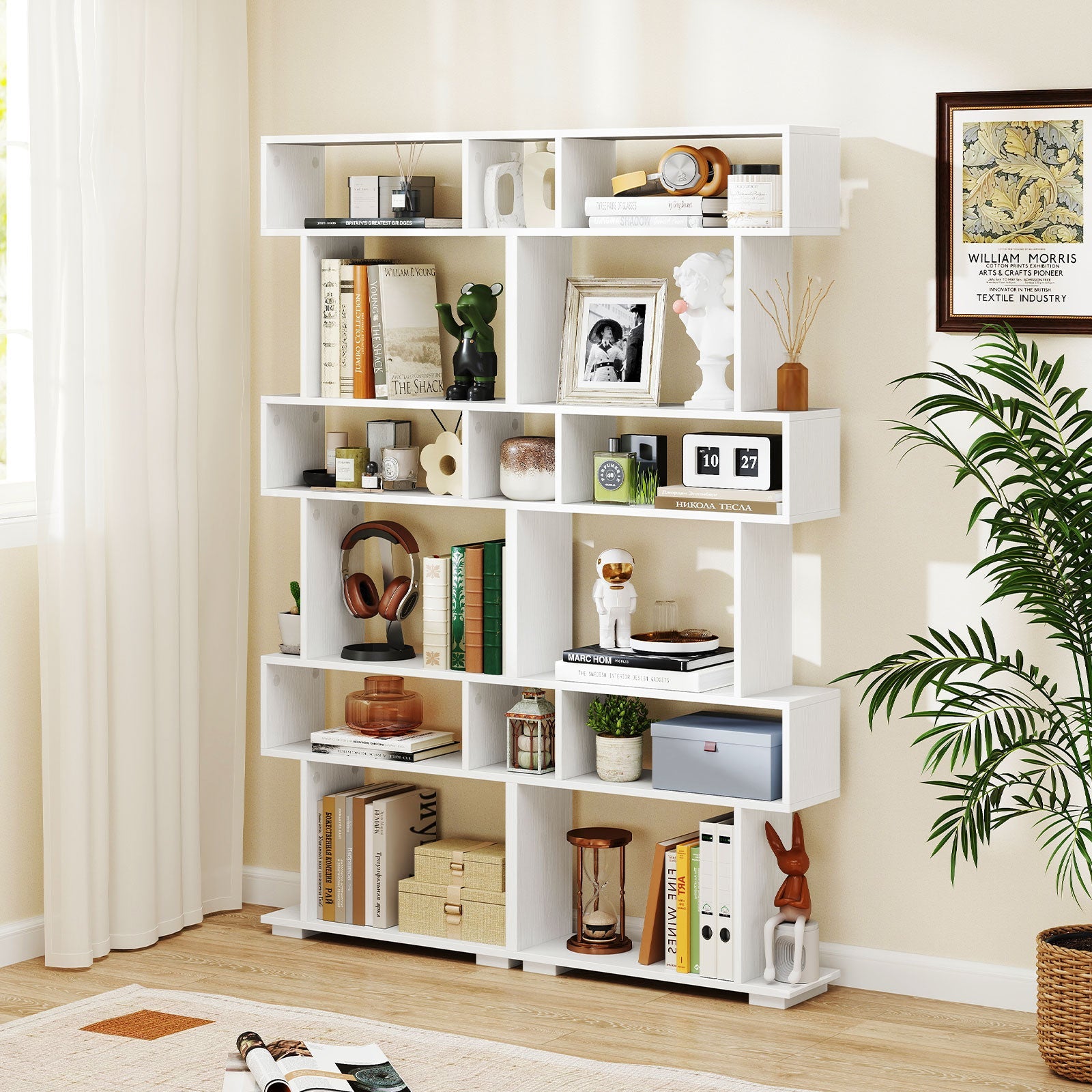 6-Tier Bookshelf, Geometric Bookcase with 2 Anti-Tipping Kits