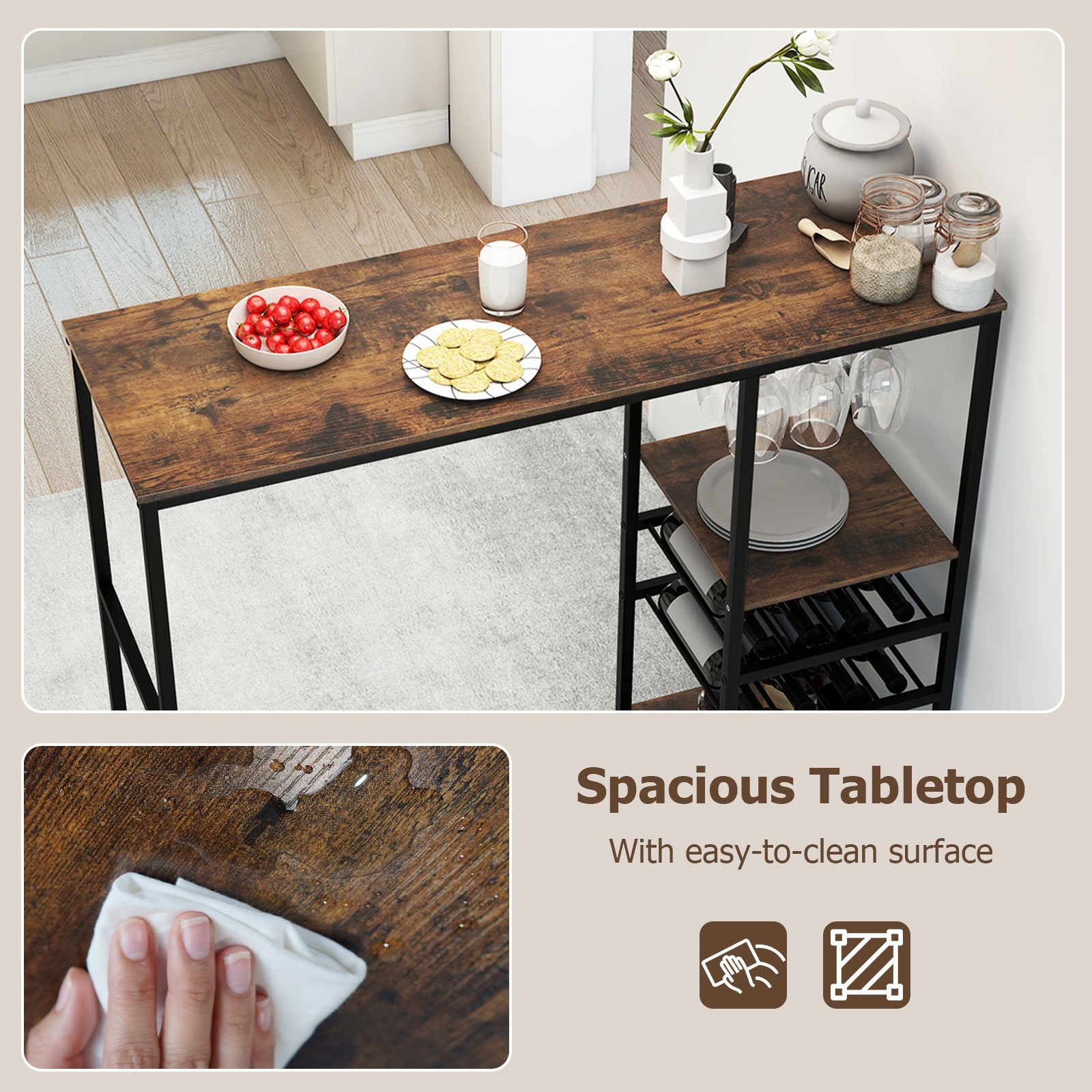 Long Bar Table, Bar Height Dining Table with Storage Shelves