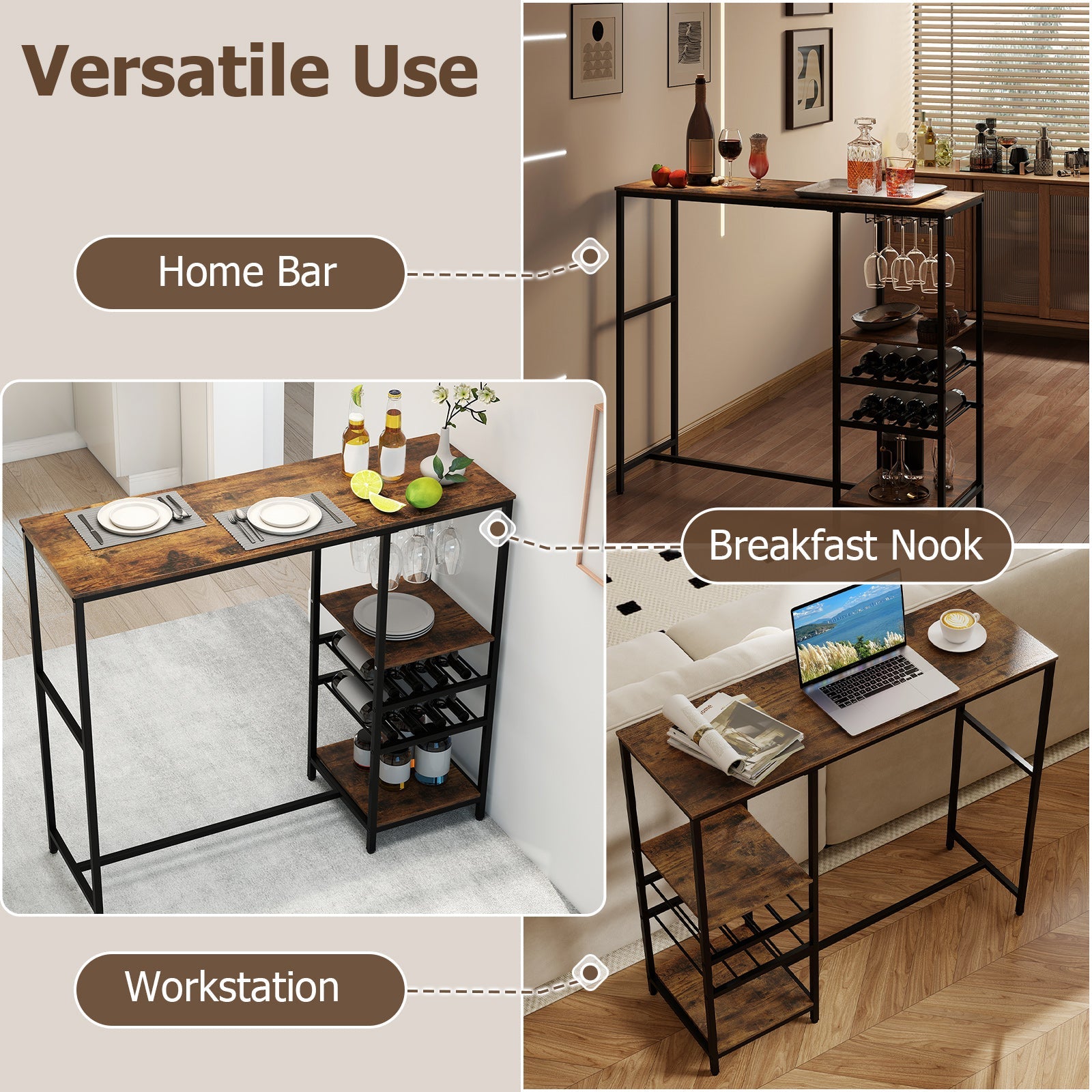 Long Bar Table, Bar Height Dining Table with Storage Shelves