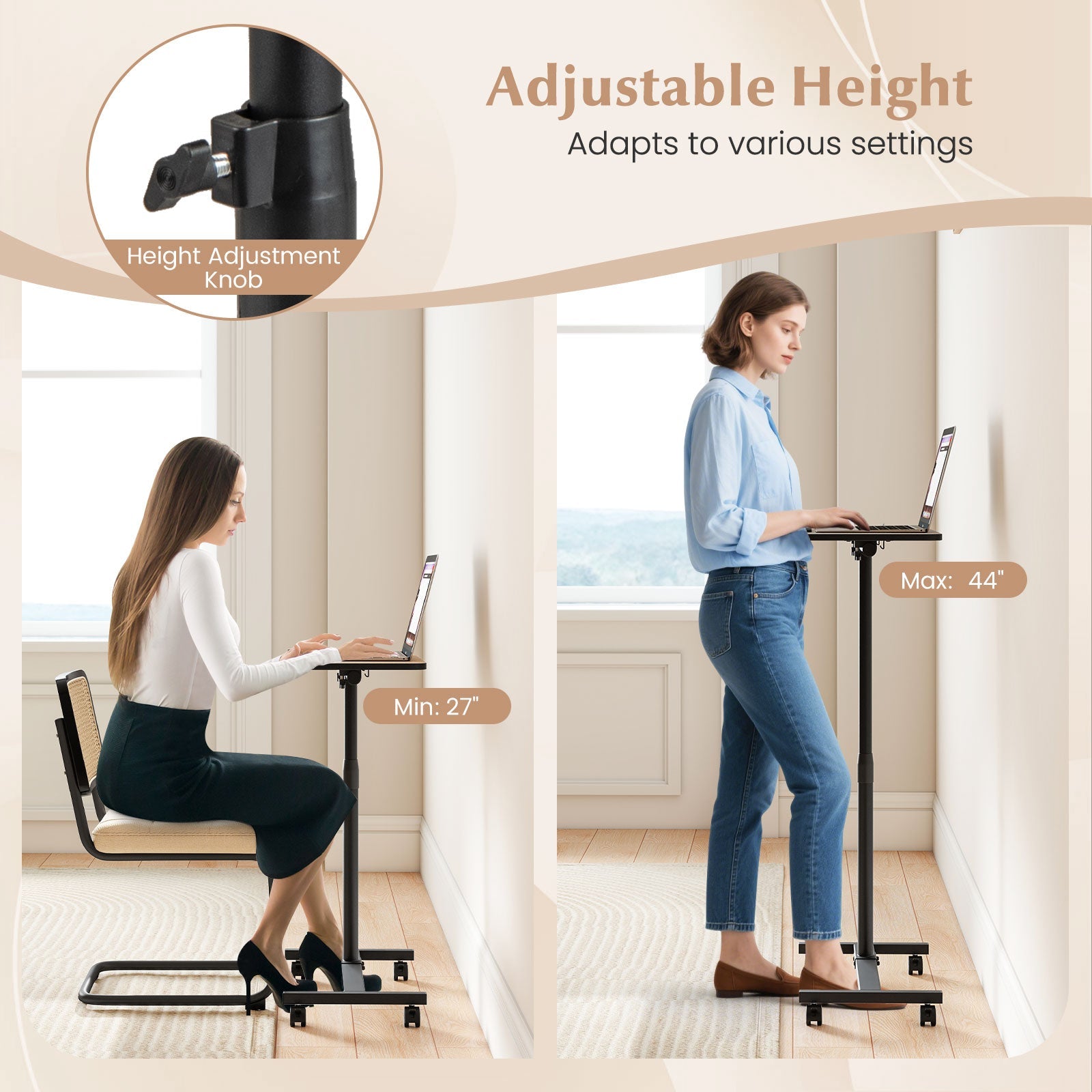 Overbed Table with Lockable Wheels, C-Shaped End Table with Tilting Top