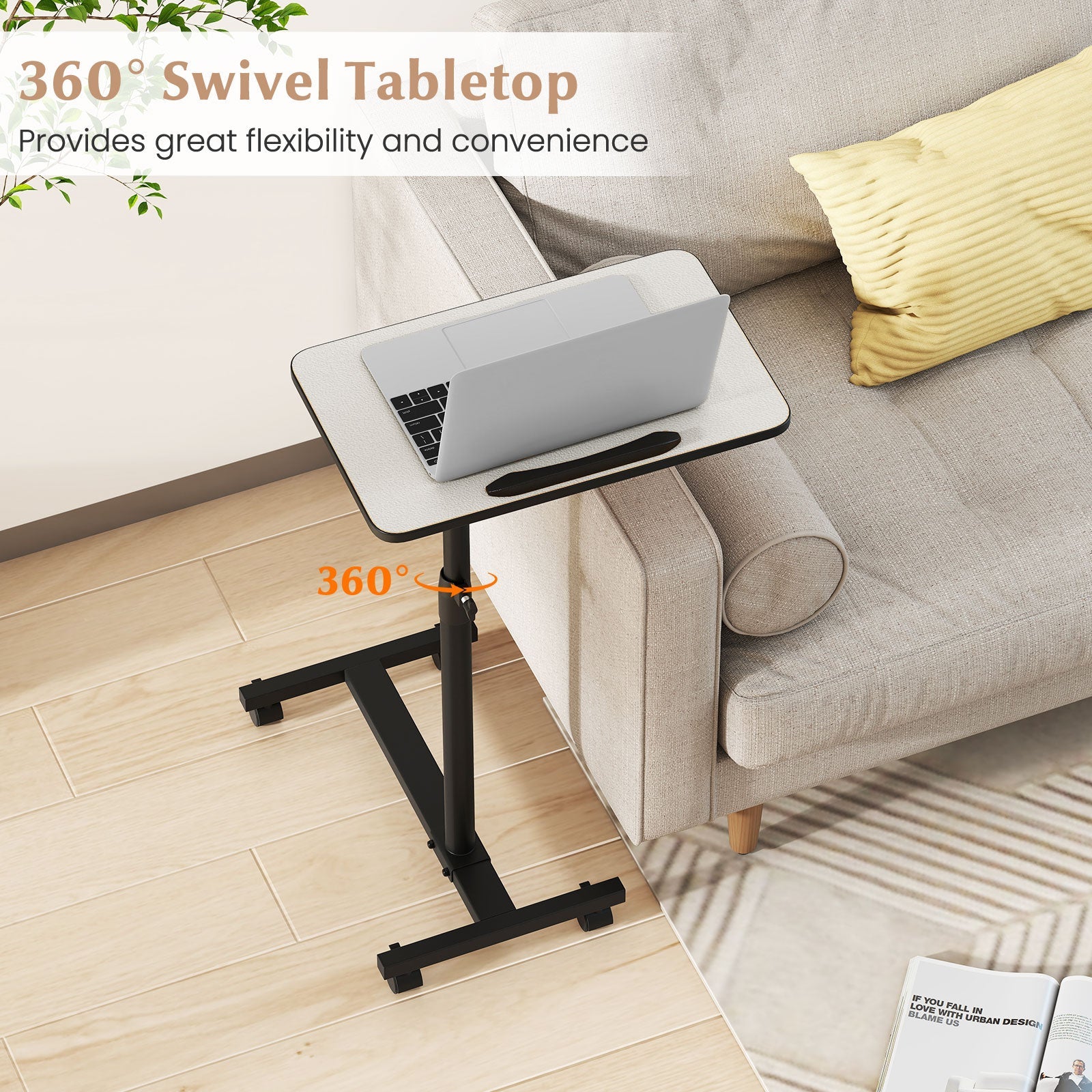 Overbed Table with Lockable Wheels, C-Shaped End Table with Tilting Top