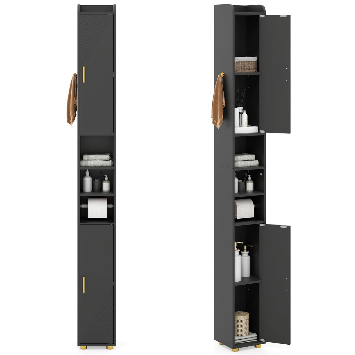 179 cm Tall Bathroom Cabinet, Narrow Storage Organizer with 2 Doors