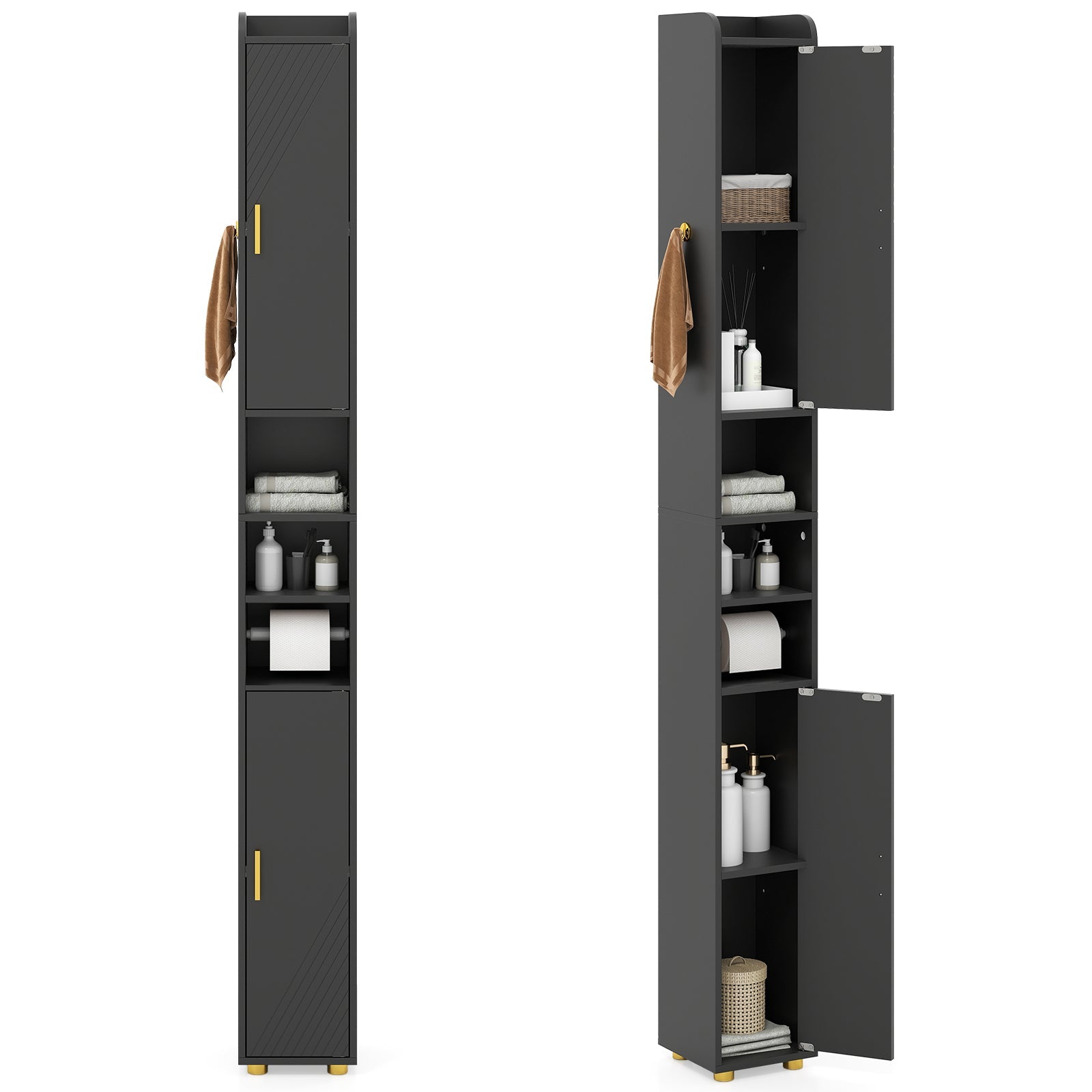 179 cm Tall Bathroom Cabinet, Narrow Storage Organizer with 2 Doors
