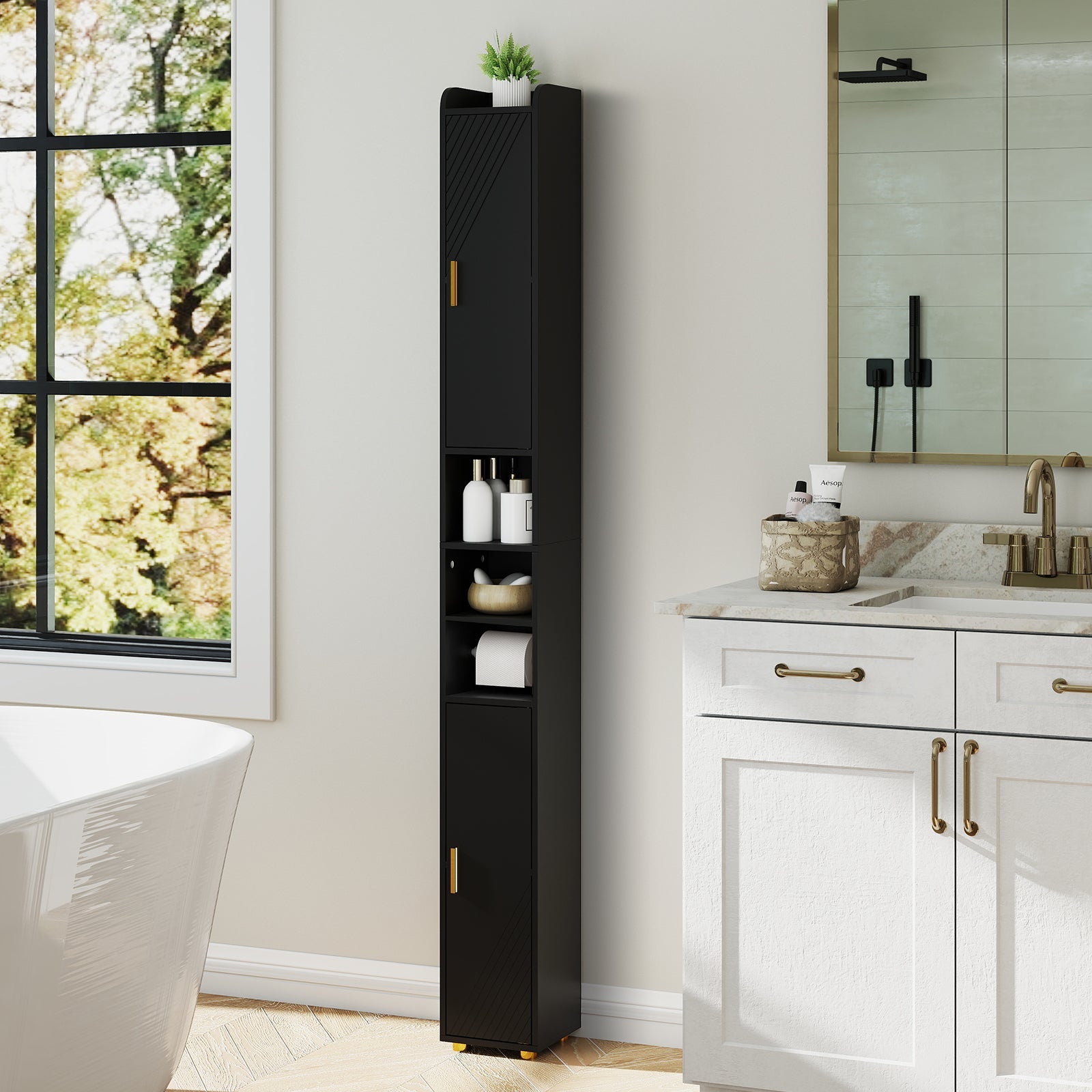179 cm Tall Bathroom Cabinet, Narrow Storage Organizer with 2 Doors