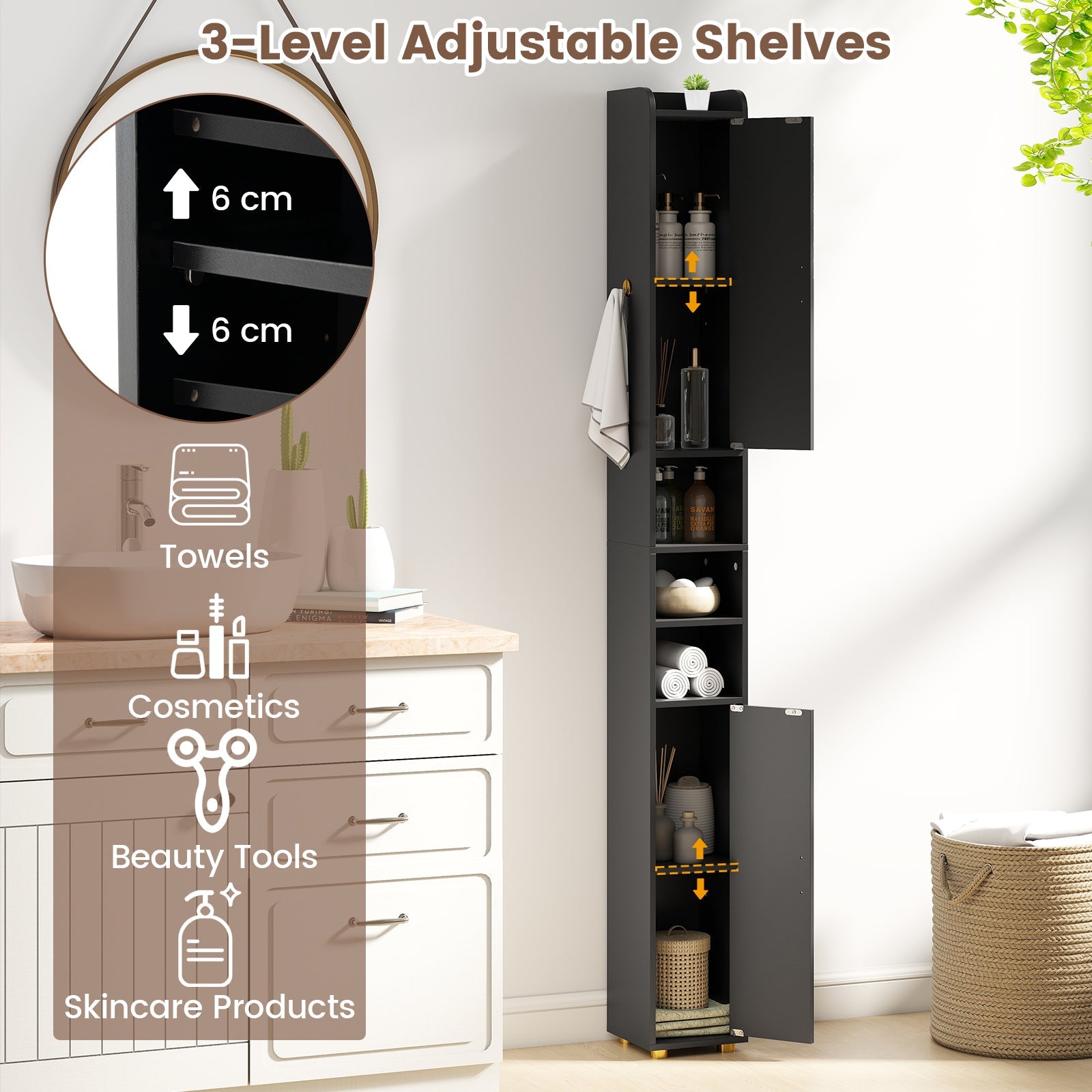 179 cm Tall Bathroom Cabinet, Narrow Storage Organizer with 2 Doors