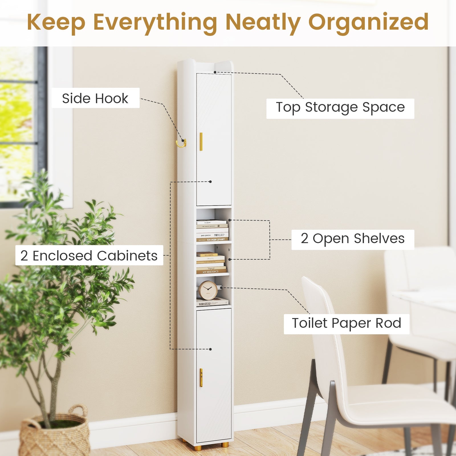 181 cm Tall Bathroom Cabinet, Narrow Storage Organizer w/ 3 Doors & Adjustable Shelves