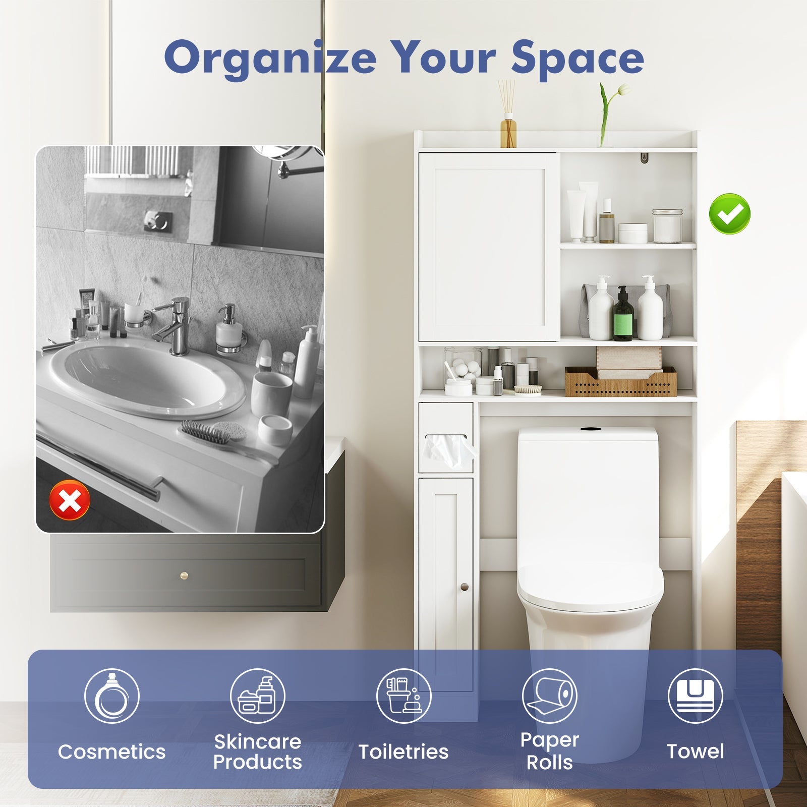Over the Toilet Cabinet, Space-saving Bathroom Storage Organizer with Sliding Door